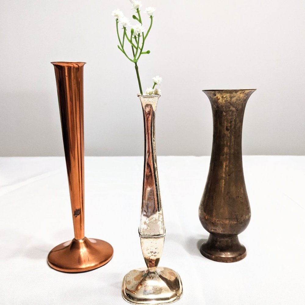 Vintage Mixed Metal Bud Vases Copper Brass Silver